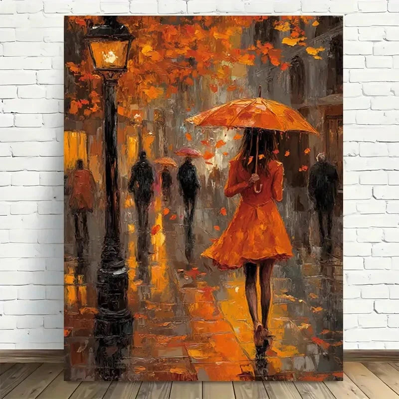 Beautiful Autumn Rain Street Scene Painting 40x60cm Metal Print Ready to Hang - Bella Home Decor
