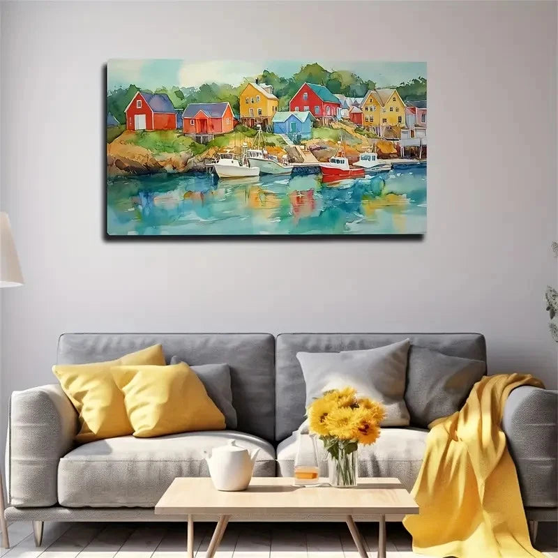 Colorful Houses & Boats Coastal Wall Art Canvas Office Home Room Framed 120x60cm