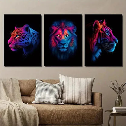 3pcs Neon Wild Animals Leopard Lion and Tiger Wall Art Set Canvas Unframed - High Quality Print 100% Australian Made Wall Canvas
