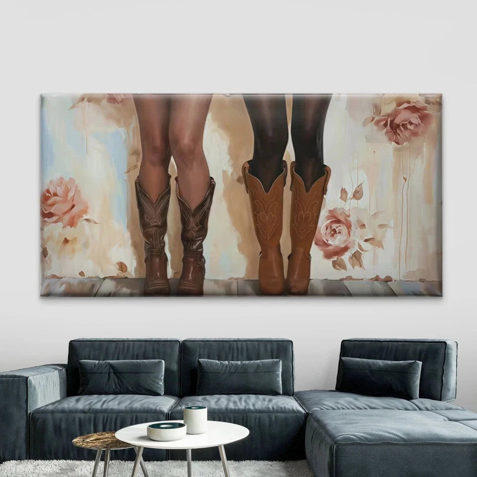 Cowgirl Boots & Western Floral Wall Art Canvas Office Home Room Framed 120x60cm