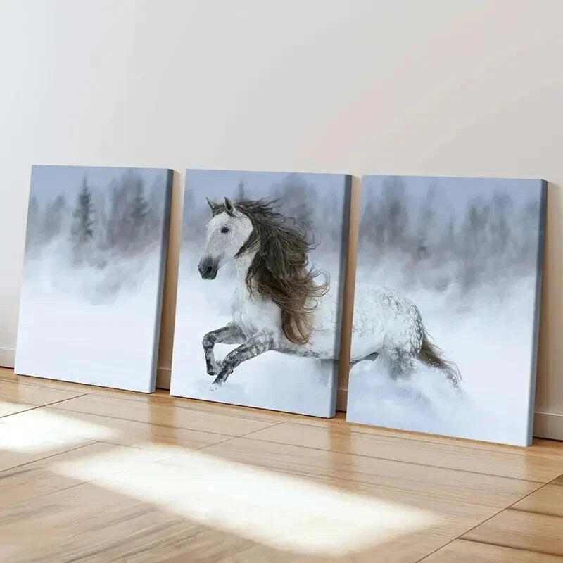 3pcs Running Horse Snowy Landscape Painting Wall Art Set Canvas Framed 50x70cm - High Quality Print 100% Australian Made Wall Canvas Ready to Hang - Bella Home Decor