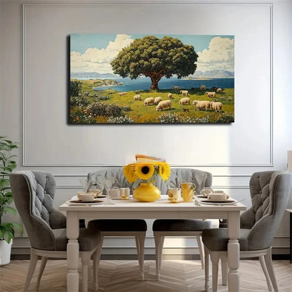 Serene Sheep Grazing Under Tree Wall Art Canvas Office Home Room Framed 120x60cm - Bella Home Decor