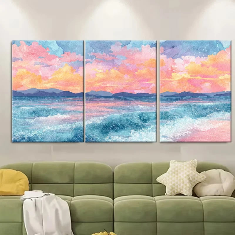3pcs Watercolor Sea Sunset Metal Print Ready to Hang Art