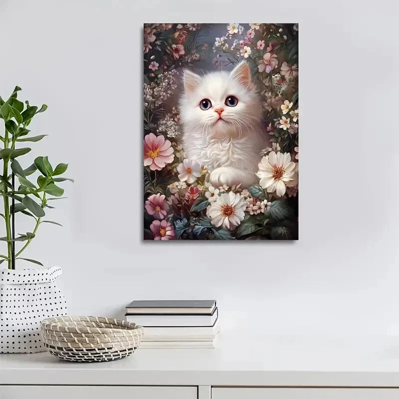 Adorable White Persian Kitten Amidst Vibrant Flowers 40x60cm Metal Print Ready to Hang - Bella Home Decor