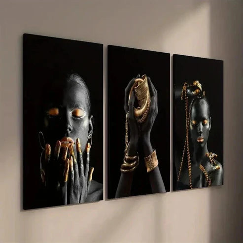 3pcs Black Woman Hands Wearing Golden Jewelry Wall Art Set Canvas Unframed - High Quality Print 100% Australian Made Wall Canvas - Bella Home Decor