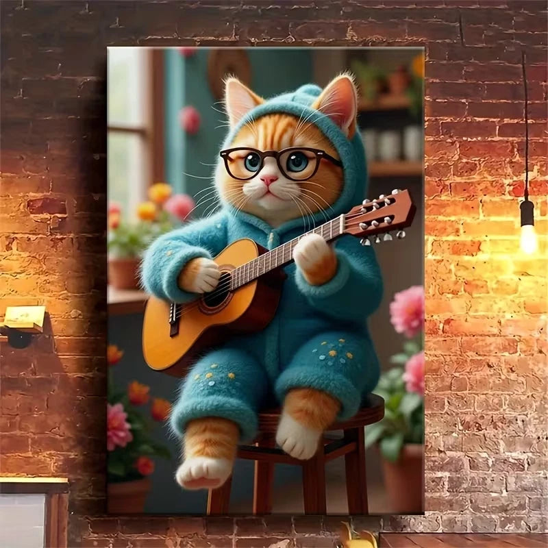 Guitar-Playing Cat 60x90cm Metal Print Ready to Hang