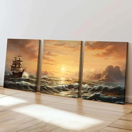 3pcs Nautical Art with Sailing and Pirate Ship Wall Art Set Canvas Framed 50x70cm - High Quality Print 100% Australian Made Wall Canvas Ready to Hang