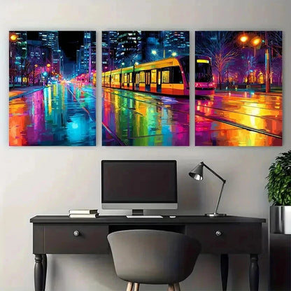 3pcs Colourful City Street At Night Perfect Wall Art Set Canvas Framed 50x70cm - High Quality Print 100% Australian Made Wall Canvas Ready to Hang - Bella Home Decor