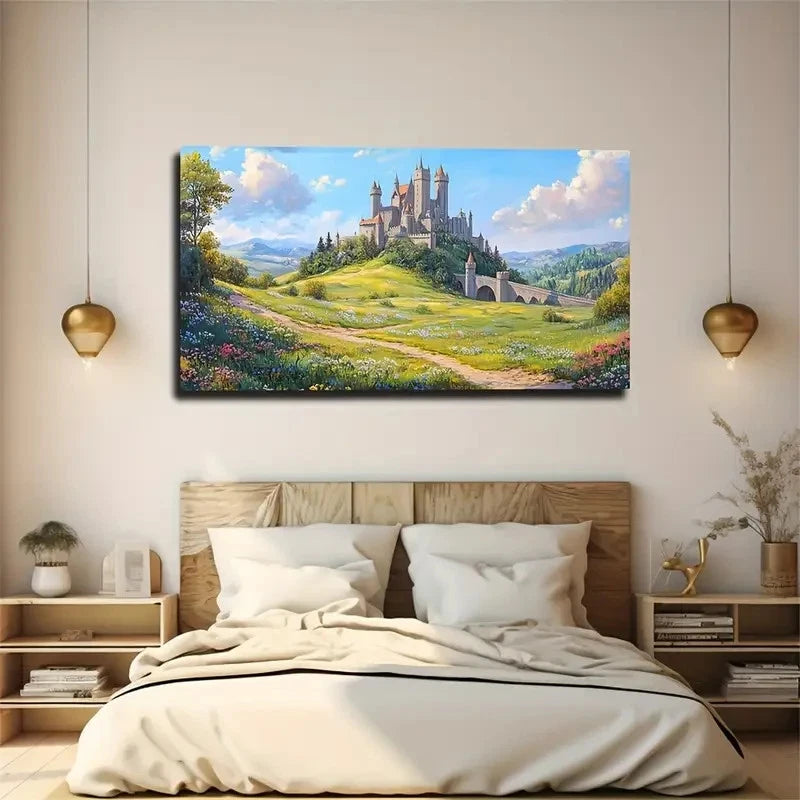 Enchanting Castle Landscape Wall Art Canvas Office Home Room Framed 120x60cm