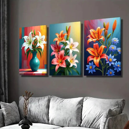 3pcs Vibrant Lily Flower Triptych Modern Classic Wall Art Set Canvas Unframed - High Quality Print 100% Australian Made Wall Canvas