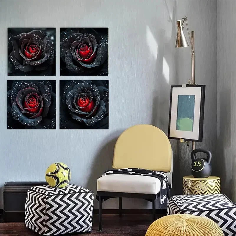 4pcs Elegant Black and Red RoseWall Art Canvas Framed (Copy)