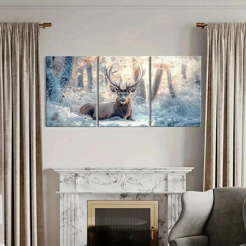 3pcs Buck Deer Stag with Snow Painting Wall Art Set Canvas Framed 60x90cm - High Quality Print 100% Australian Made Wall Canvas Ready to Hang - Bella Home Decor
