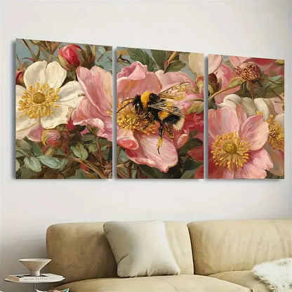 3pcs Honey Bee in Pink Flowers Vintage Wall Art Set Canvas Framed 40x60cm - High Quality Print 100% Australian Made Wall Canvas Ready to Hang - Bella Home Decor