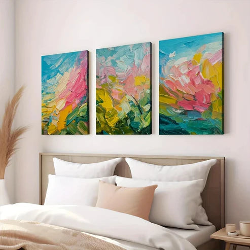 3pcs Abstract Art Blue Pink Yellow Nature Wall Art Set Canvas Unframed - High Quality Print 100% Australian Made Wall Canvas - Bella Home Decor