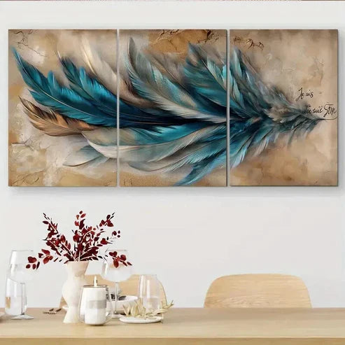 3pcs Blue & Golden Abstract Feather Modern Perfect Wall Art Canvas Unframed – High Quality Print 100% Australian Made Wall Canvas - Bella Home Decor