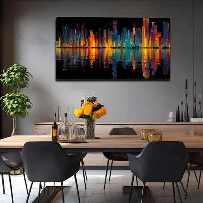 Abstract City Skyline Neon Wall Art Canvas Office Home Room Framed 120x60cm