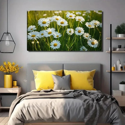 White Wild Chrysanthemum Meadow Wall Art Canvas Office Home Room Framed 120x60cm