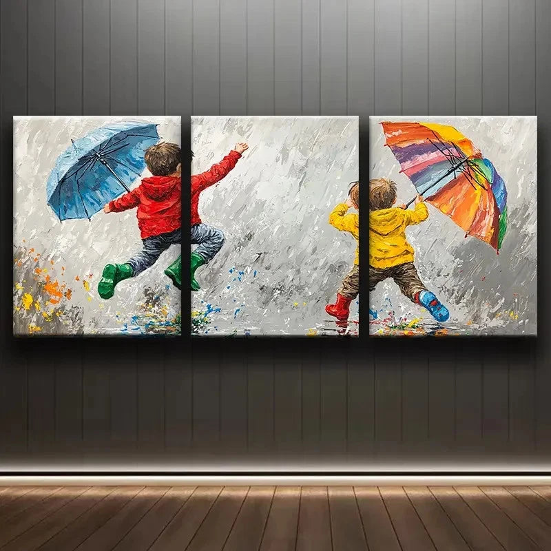 3pcs Playing on Rainy Day Scene Wall Art Set Canvas Framed 50x70cm - High Quality Print 100% Australian Made Wall Canvas Ready to Hang