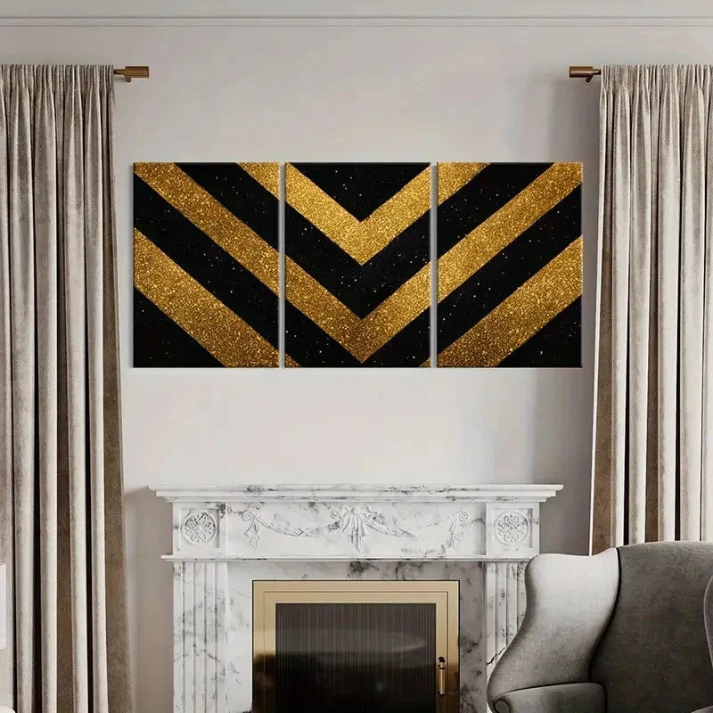3pcs Abstract Golden Glitter Chevron Stripes Wall Art Set Canvas Framed 60x90cm - High Quality Print 100% Australian Made Wall Canvas Ready to Hang - Bella Home Decor