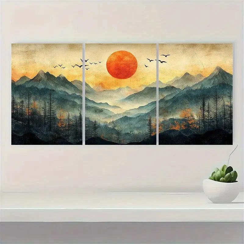 3pcs Mountain Landscape with Sun and Birds Wall Art Set Canvas Framed 60x90cm - High Quality Print 100% Australian Made Wall Canvas Ready to Hang