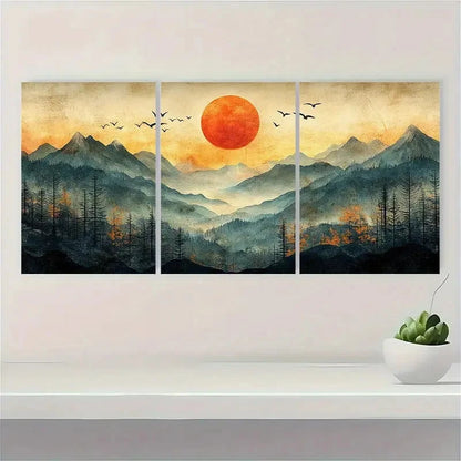 3pcs Mountain Landscape with Sun and Birds Wall Art Set Canvas Framed 60x90cm - High Quality Print 100% Australian Made Wall Canvas Ready to Hang
