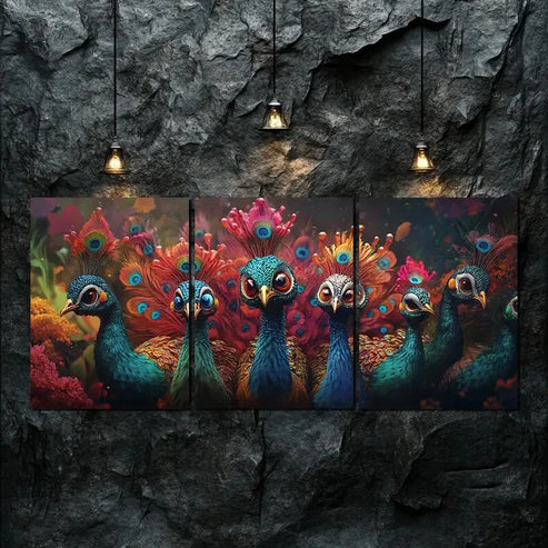 3pcs Flock of Brightly Colored Peacocks Perfect Wall Art Canvas Unframed - High Quality Print 100% Australian Made Wall Canvas