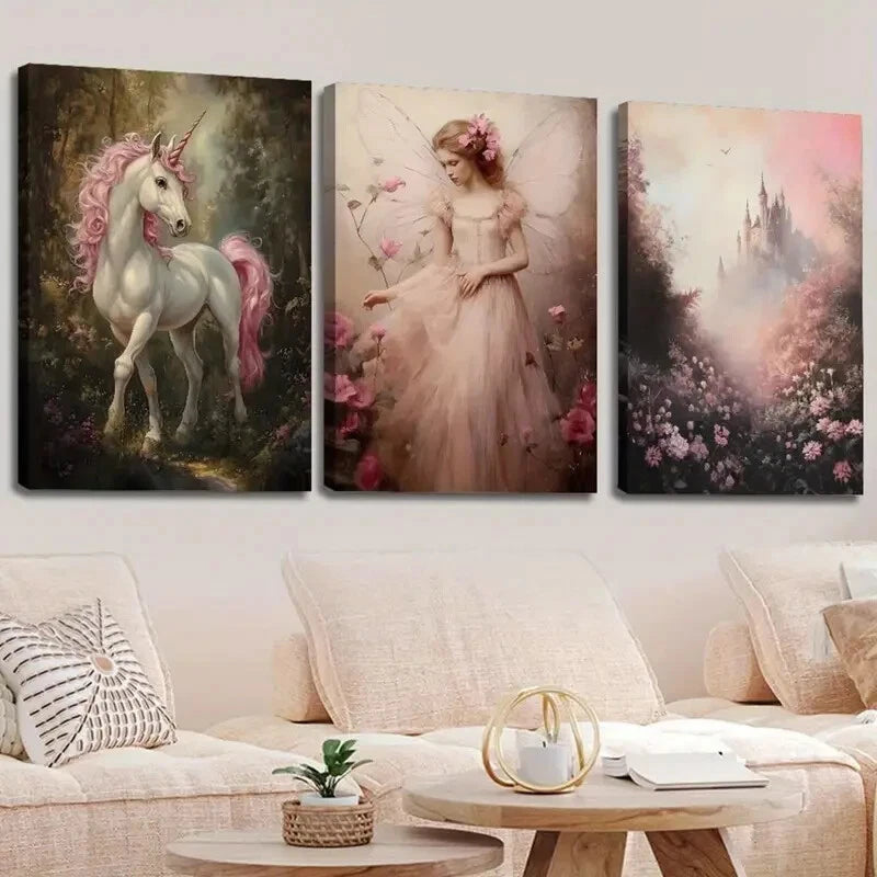3pcs Enchanted Forest Unicorn & Fairy Perfect Wall Art Set Canvas Framed 40x60cm - High Quality Print 100% Australian Made Wall Canvas Ready to Hang - Bella Home Decor