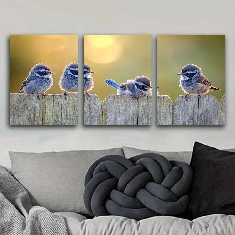3pcs Baby Blue Wren Birds Golden Bubbles Metal Print Ready to Hang Art