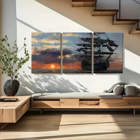 3pcs Vintage Nautical Pirate Ship in Sunset Wall Art Canvas Unframed - High Quality Print 100% Australian Made Wall Canvas