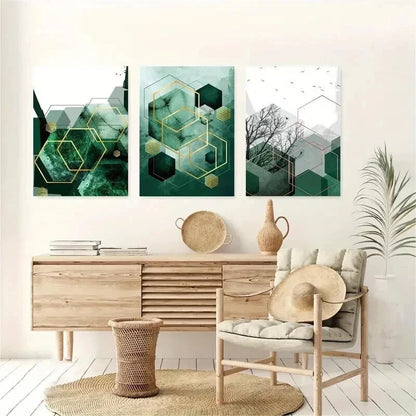 3pcs Geometric Abstract Green Copper Perfect Wall Art Set Canvas Framed 60x90cm - High Quality Print 100% Australian Made Wall Canvas Ready to Hang - Bella Home Decor
