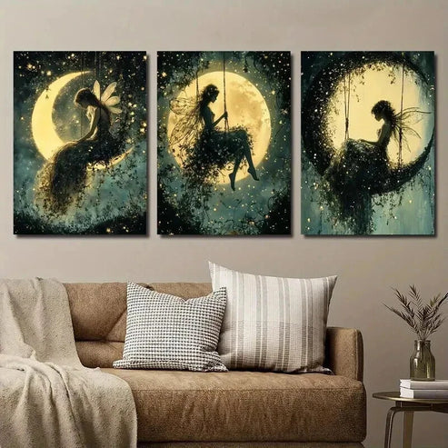3pcs Night Time with Glowing Moon & Stars Wall Art Canvas Unframed - High Quality Print 100% Australian Made Wall Canvas