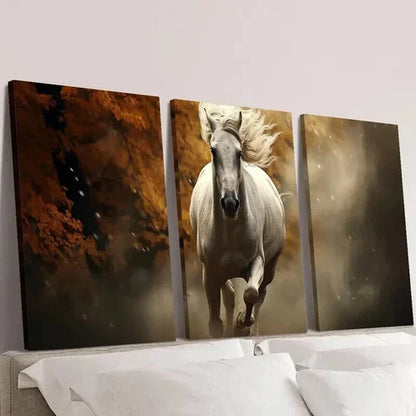 3pcs White Horse Galloping in Autumn Forest Wall Art Canvas Unframed - High Quality Print 100% Australian Made Wall Canvas