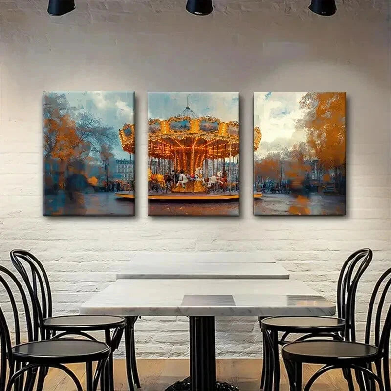 3pcs Vintage Carousel in Autumn Park Perfect Wall Art Set Canvas Framed 50x70cm - High Quality Print 100% Australian Made Wall Canvas Ready to Hang