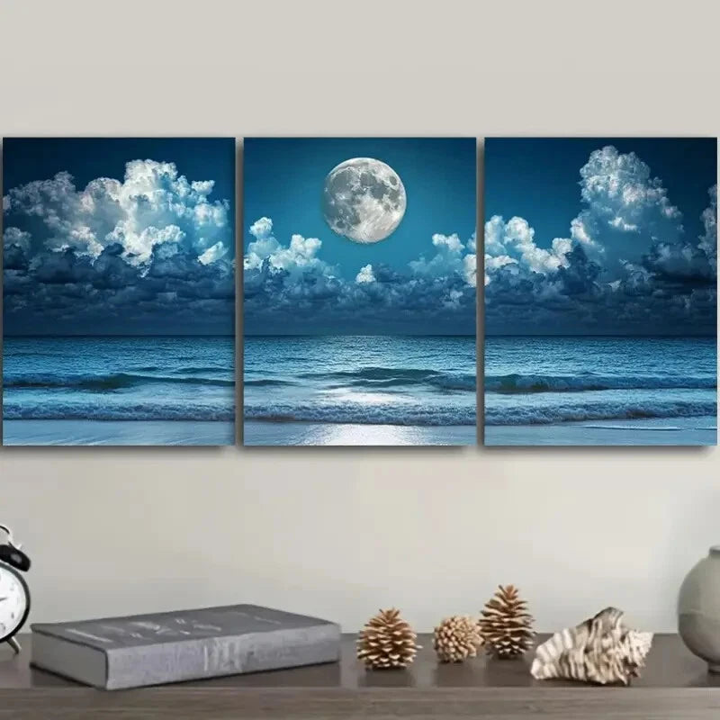 3pcs Beach Waves Themed Full Moon Metal Print Ready to Hang Art - Bella Home Decor