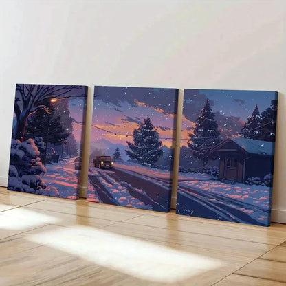 3pcs Snow Road Car & Cabin Vintage Wall Art Set Canvas Framed 60x90cm - High Quality Print 100% Australian Made Wall Canvas Ready to Hang