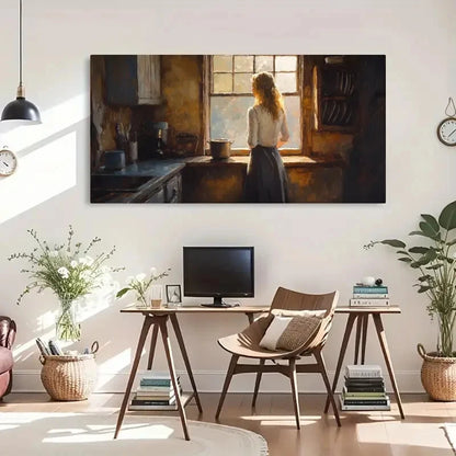 Serene Kitchen Scene Woman Wall Art Canvas Office Home Room Framed 120x60cm - Bella Home Decor