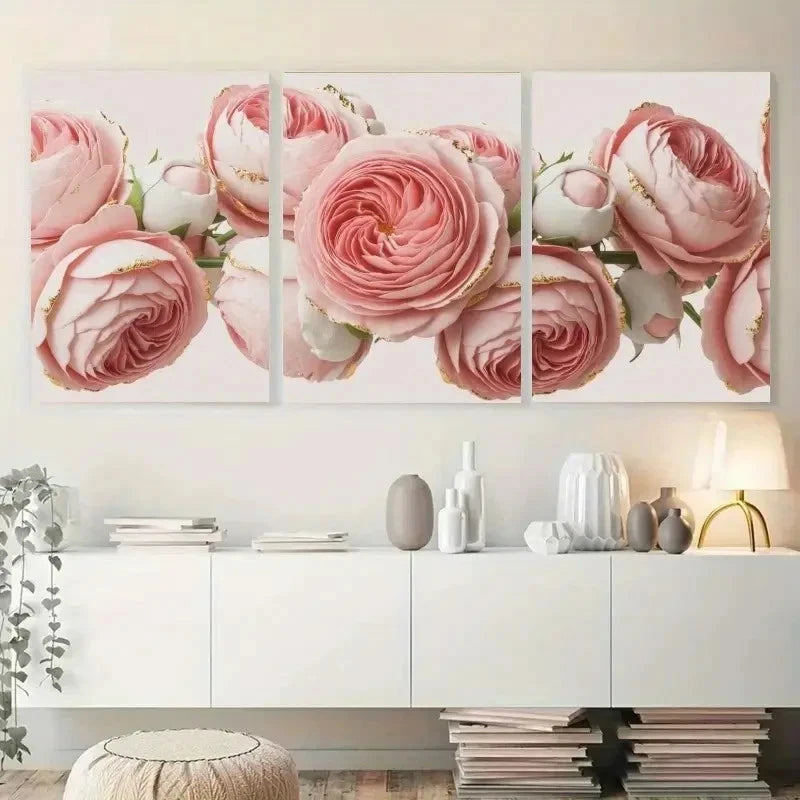 3pcs Artwork Pink Rose Floral Decor Metal Print Ready to Hang Art - Bella Home Decor