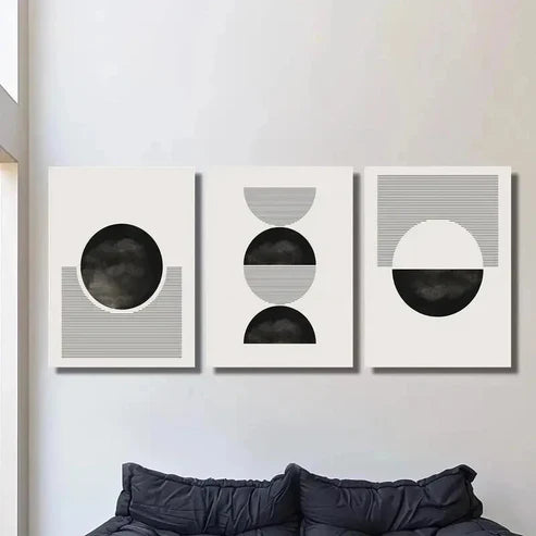 3pcs Black and White Geometric Circle and Line Wall Art Set Canvas Unframed - High Quality Print 100% Australian Made Wall Canvas - Bella Home Decor