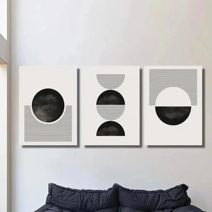 3pcs Black and White Geometric Circle and Line Wall Art Set Canvas Unframed - High Quality Print 100% Australian Made Wall Canvas - Bella Home Decor
