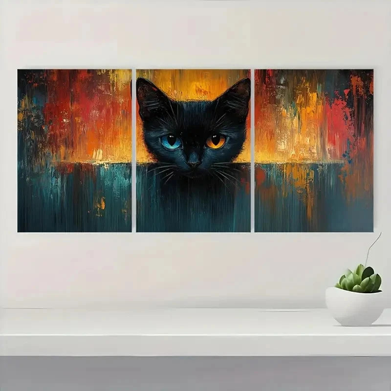 3pcs Modern Black Cat Colorful Glass Bowls De   Wall Art Set Canvas Framed 50x70cm - High Quality Print 100% Australian Made Wall Canvas Ready to Hang
