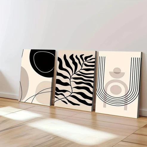 3pcs Modern Abstract Geometric Leaves Black Line Wall Art Set Canvas Unframed - High Quality Print 100% Australian Made Wall Canvas