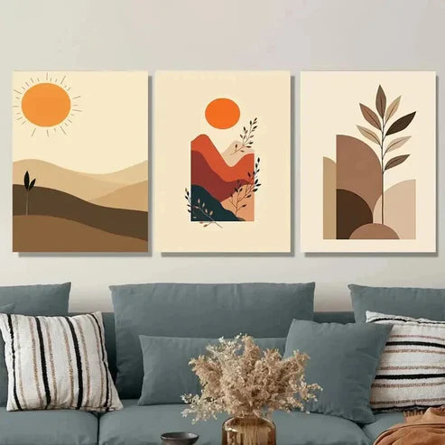 3pcs Boho Landscape Modern Abstract Sun Wall Art Set Canvas Unframed - High Quality Print 100% Australian Made Wall Canvas - Bella Home Decor