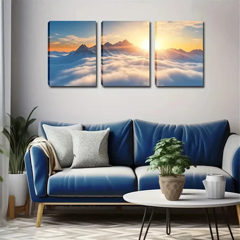3pcs Serene Mountain Sunrise Scene with Snow Wall Art Set Canvas Unframed - High Quality Print 100% Australian Made Wall Canvas