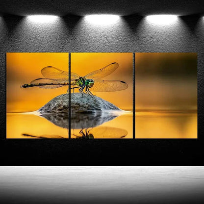 3pcs Dragonfly On Stone River Side Metal Print Ready to Hang Art - Bella Home Decor