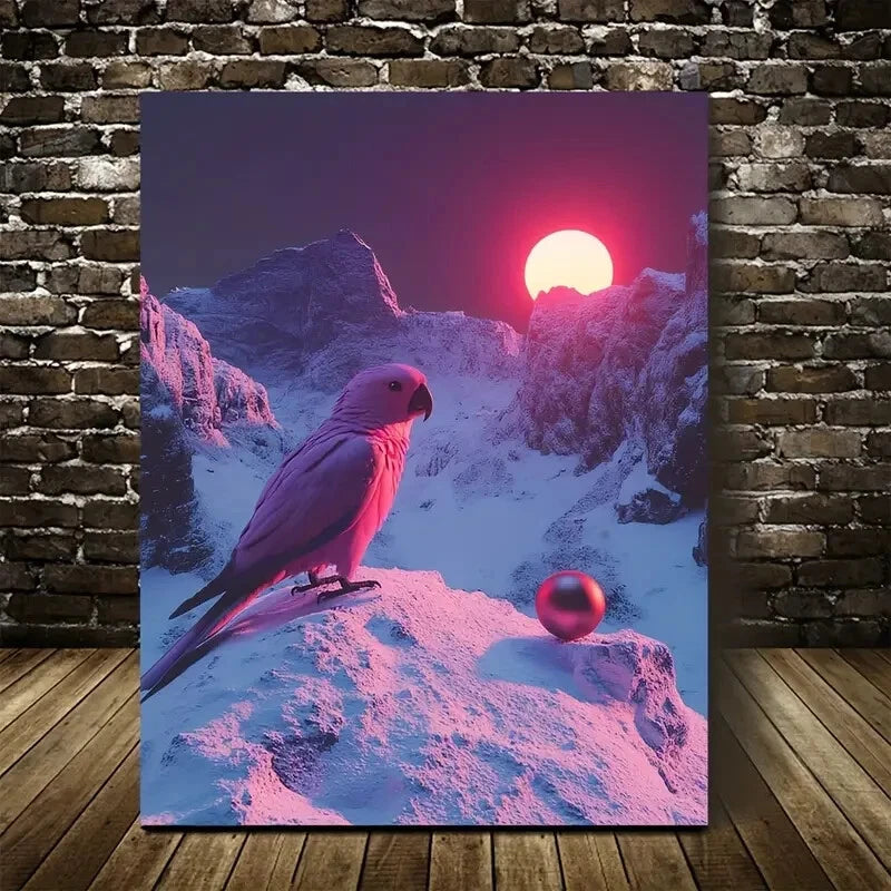 Realistic Parrot & Snowy Mountain Scene Painting 40x60cm Metal Print Ready to Hang - Bella Home Decor