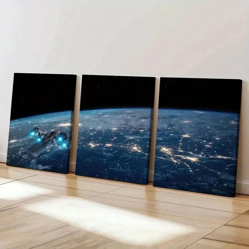 3pcs Outer Space Earth Spaceship Design Wall Art Set Canvas Framed 50x70cm - High Quality Print 100% Australian Made Wall Canvas Ready to Hang