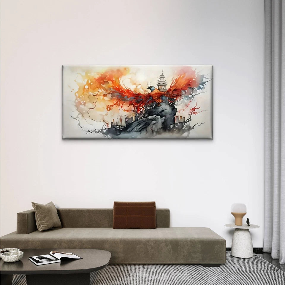 Vibrant Phoenix Rising Castle Wall Art Canvas Office Home Room Framed 120x60cm - Bella Home Decor