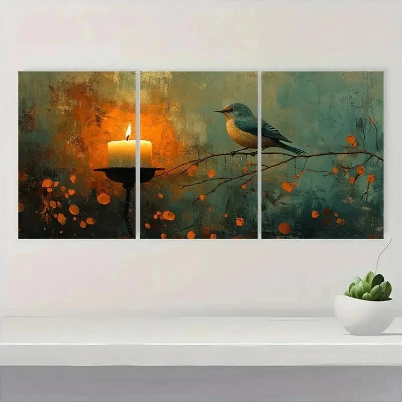3pcs Whimsical Bluebird & Candle Holder T Wall Art Set Canvas Framed 60x90cm - High Quality Print 100% Australian Made Wall Canvas Ready to Hang - Bella Home Decor