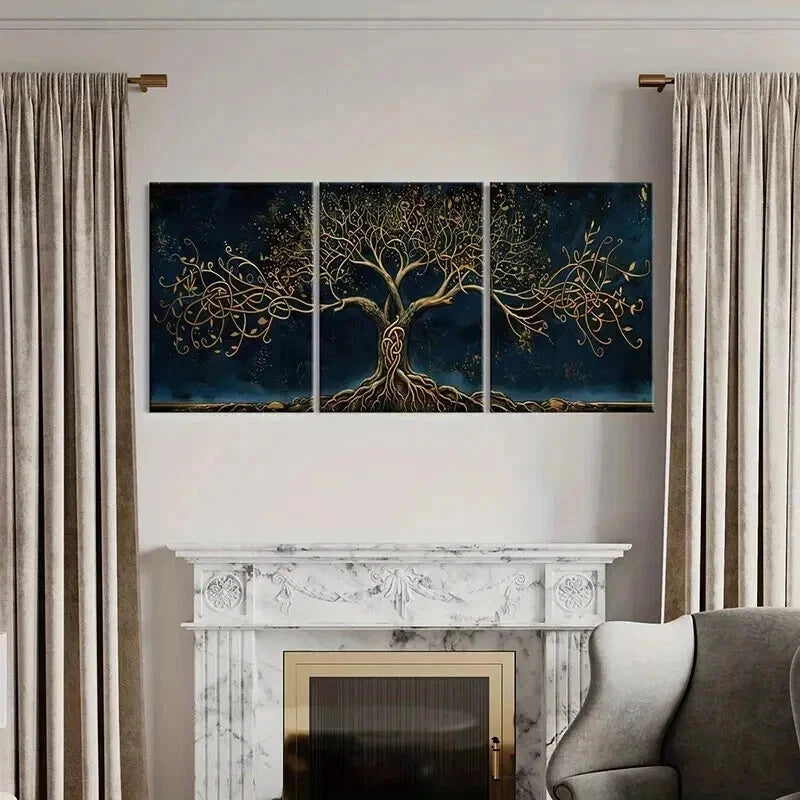 3pcs Golden Tree of Life Intricate Branch Wall Art Set Canvas Framed 60x90cm - High Quality Print 100% Australian Made Wall Canvas Ready to Hang - Bella Home Decor