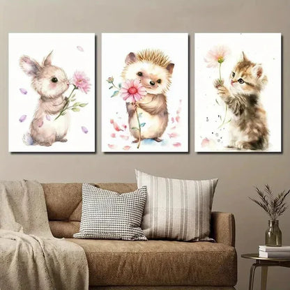 3pcs Rabbit Hedgehog Kitten Holding Flowers Wall Art Canvas Unframed - High Quality Print 100% Australian Made Wall Canvas